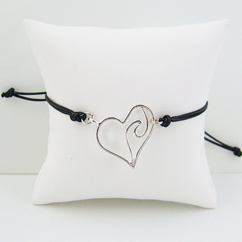 Ocean Wave Heart Bracelet Adjustable Silky Cord Black or Blue 6" to 8.5"